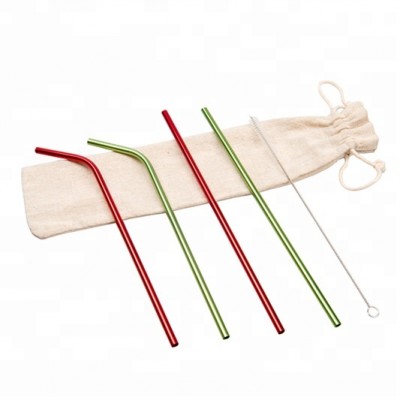 Metal Aluminum straws set in Christmas colors red and green good for promotion gift cloth bag cleaning brush included